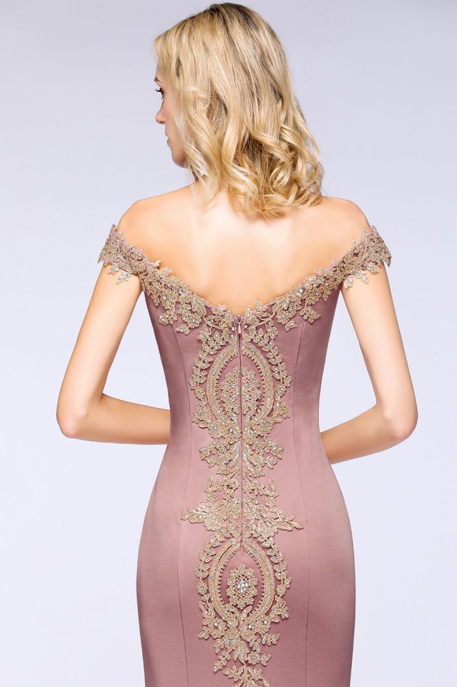 Vestido de noche estilo sirena con apliques dorados y hombros descubiertos, vestido de fiesta ajustado