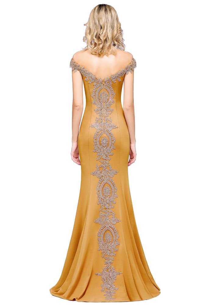 Vestido de noche estilo sirena con apliques dorados y hombros descubiertos, vestido de fiesta ajustado