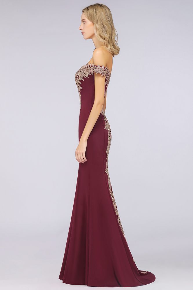 Vestido de noche estilo sirena con apliques dorados y hombros descubiertos, vestido de fiesta ajustado