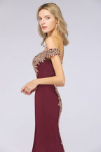 Vestido de noche estilo sirena con apliques dorados y hombros descubiertos, vestido de fiesta ajustado