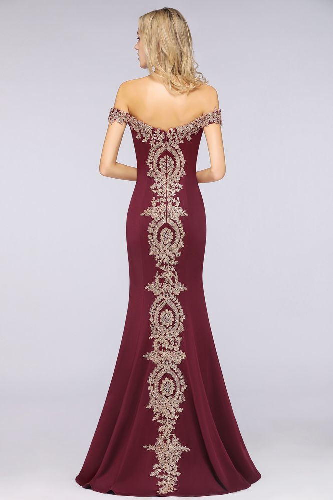 Vestido de noche estilo sirena con apliques dorados y hombros descubiertos, vestido de fiesta ajustado
