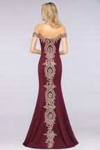 Vestido de noche estilo sirena con apliques dorados y hombros descubiertos, vestido de fiesta ajustado