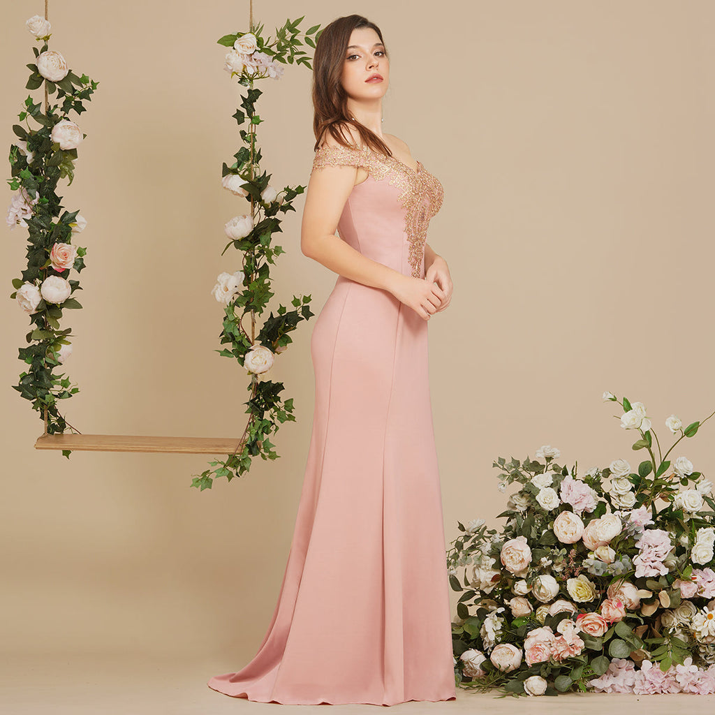 Vestido de noche estilo sirena con apliques dorados y hombros descubiertos, vestido de fiesta ajustado