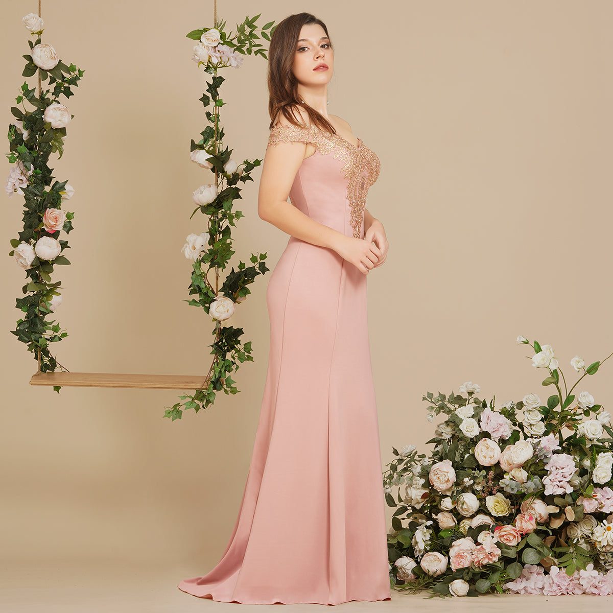 Vestido de noche estilo sirena con apliques dorados y hombros descubiertos, vestido de fiesta ajustado