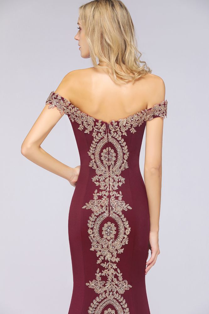 Vestido de noche estilo sirena con apliques dorados y hombros descubiertos, vestido de fiesta ajustado