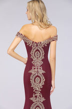Vestido de noche estilo sirena con apliques dorados y hombros descubiertos, vestido de fiesta ajustado
