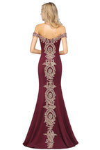 Vestido de noche estilo sirena con apliques dorados y hombros descubiertos, vestido de fiesta ajustado