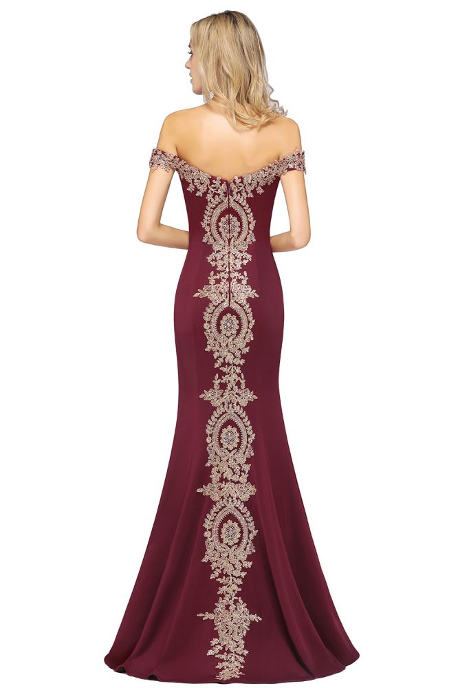 Vestido de noche estilo sirena con apliques dorados y hombros descubiertos, vestido de fiesta ajustado