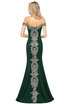 Vestido de noche estilo sirena con apliques dorados y hombros descubiertos, vestido de fiesta ajustado