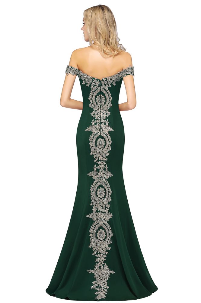 Vestido de noche estilo sirena con apliques dorados y hombros descubiertos, vestido de fiesta ajustado
