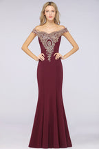 Vestido de noche estilo sirena con apliques dorados y hombros descubiertos, vestido de fiesta ajustado