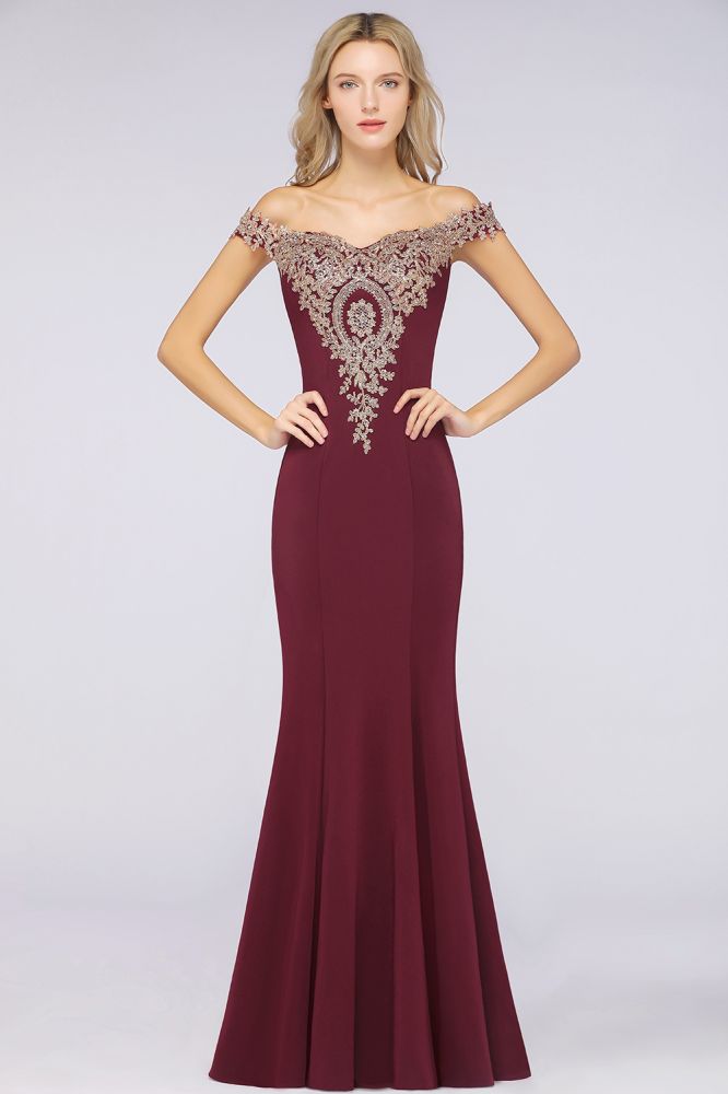 Vestido de noche estilo sirena con apliques dorados y hombros descubiertos, vestido de fiesta ajustado