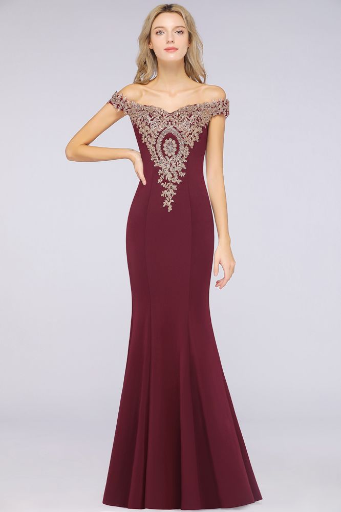 Vestido de noche estilo sirena con apliques dorados y hombros descubiertos, vestido de fiesta ajustado