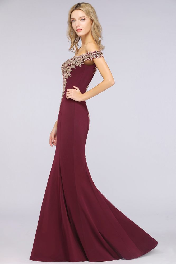 Vestido de noche estilo sirena con apliques dorados y hombros descubiertos, vestido de fiesta ajustado