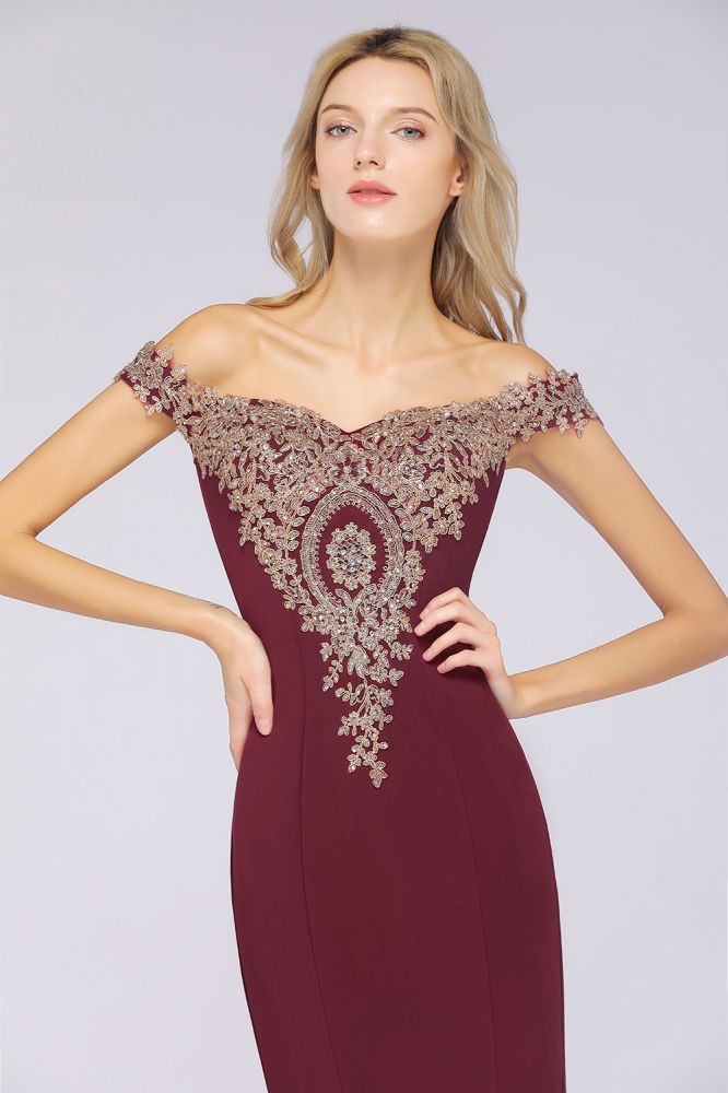 Vestido de noche estilo sirena con apliques dorados y hombros descubiertos, vestido de fiesta ajustado