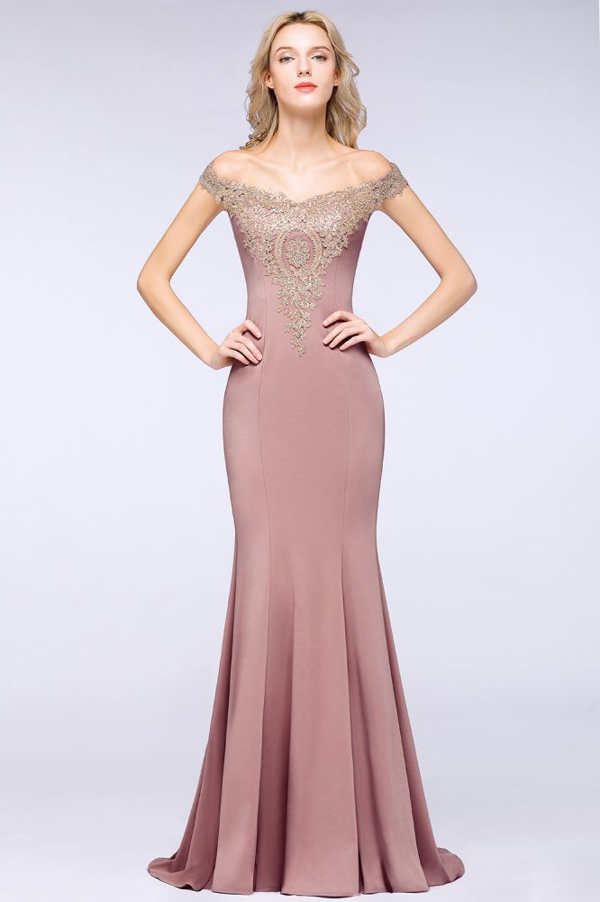 Vestido de noche estilo sirena con apliques dorados y hombros descubiertos, vestido de fiesta ajustado
