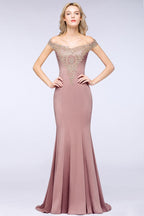 Vestido de noche estilo sirena con apliques dorados y hombros descubiertos, vestido de fiesta ajustado