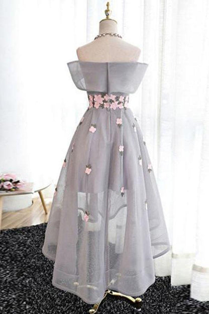 Off-the-Shoulder High Low Grey Tulle Homecoming Dress With Appliques   PD243