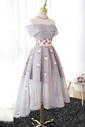 Off-the-Shoulder High Low Grey Tulle Homecoming Dress With Appliques   PD243