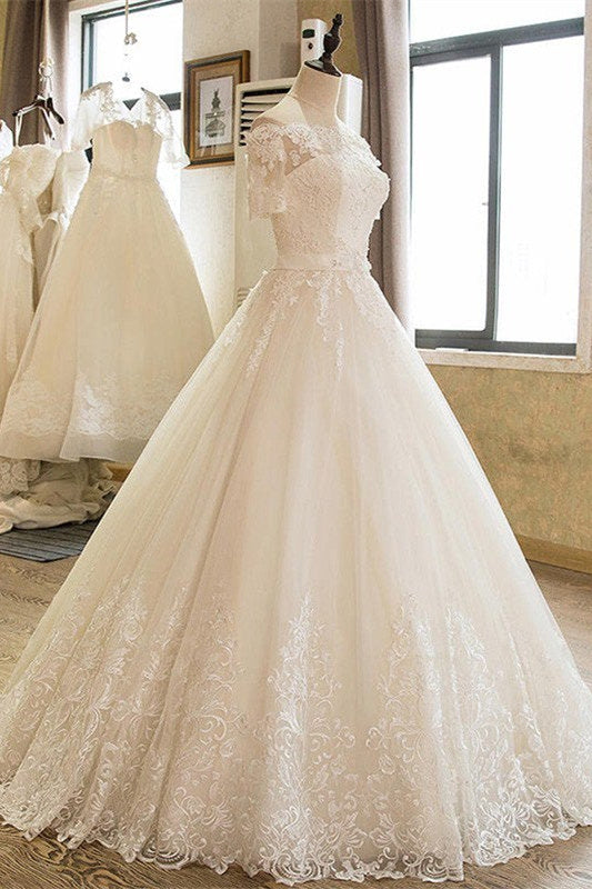 Vestido de novia de tul con encaje y hombros descubiertos, mangas 1/2
