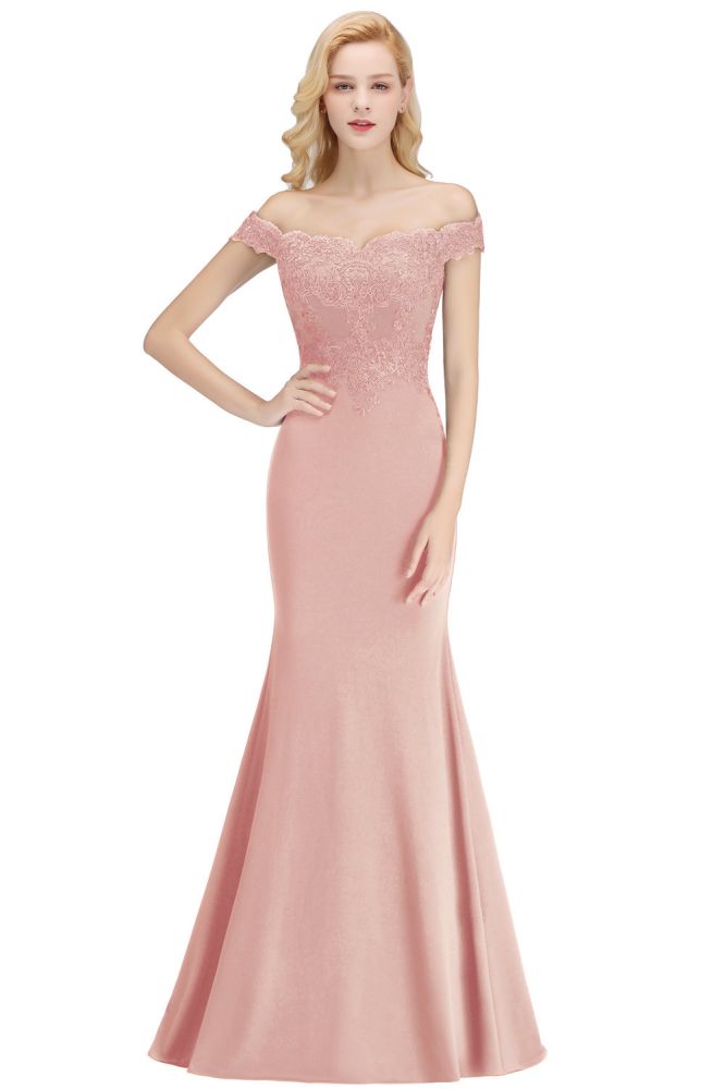 Vestido de dama de honor de satén con hombros descubiertos y apliques largos de sirena