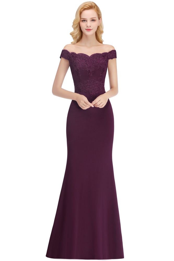 Vestido de dama de honor de satén con hombros descubiertos y apliques largos de sirena