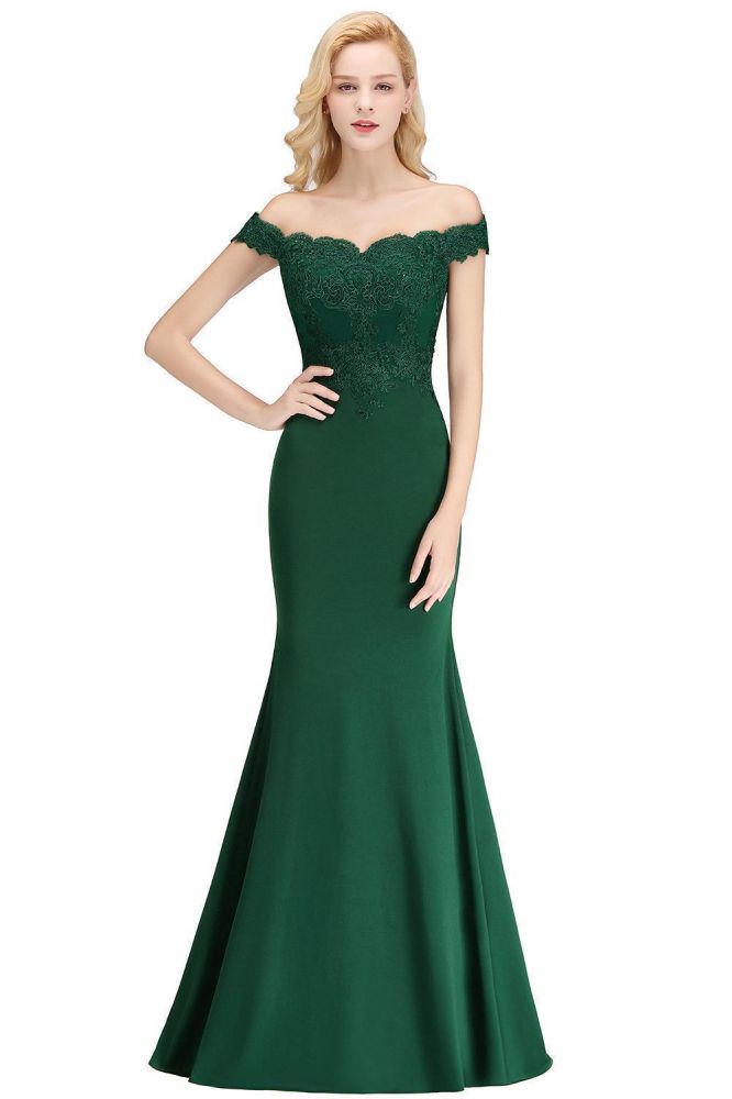 Vestido de dama de honor de satén con hombros descubiertos y apliques largos de sirena
