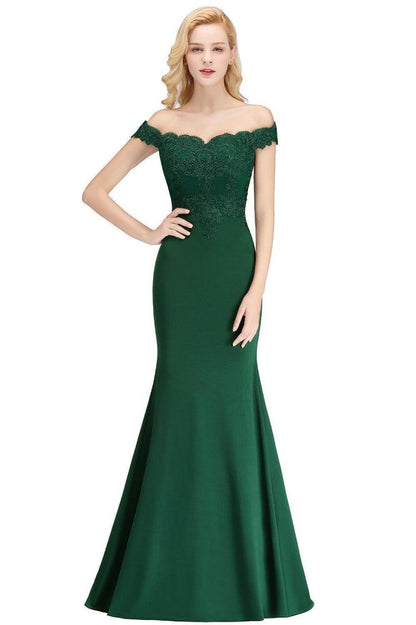 Off-the-shoulder Long Appliques Satin Mermaid Prom Gown Bridesmaid Dresses