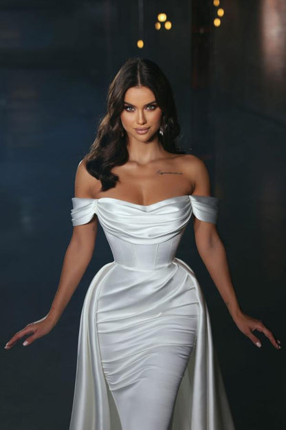 White Long Off-the-Shoulder Satin Mermaid Wedding Dress