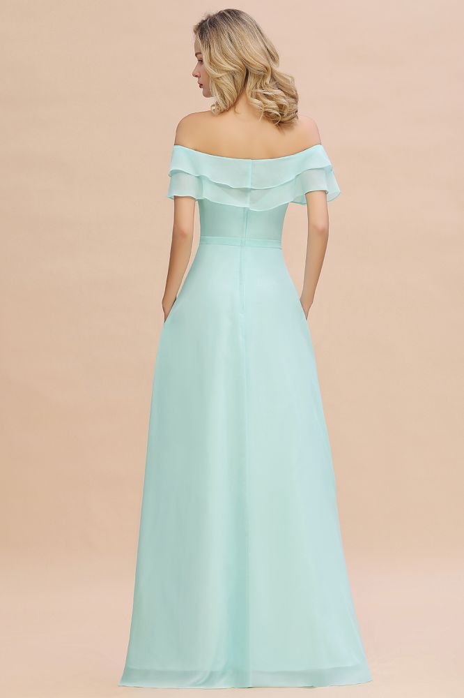 Vestido mini verde de dama de honor con hombros descubiertos y abertura frontal, vestido de novia de playa estilo Aline