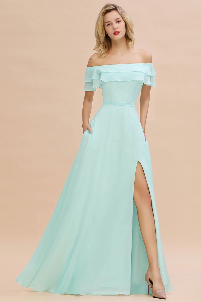 Vestido mini verde de dama de honor con hombros descubiertos y abertura frontal, vestido de novia de playa estilo Aline