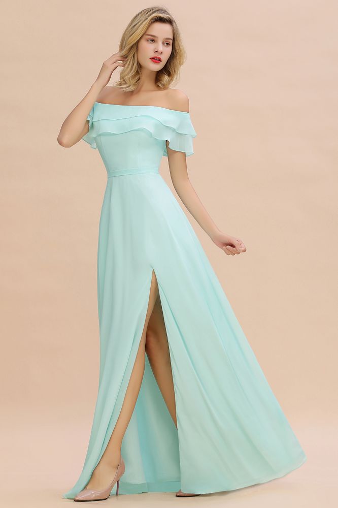 Vestido mini verde de dama de honor con hombros descubiertos y abertura frontal, vestido de novia de playa estilo Aline