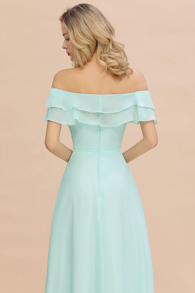 Schulterfreies Mini-Grünes Brautjungfernkleid mit Schlitz vorne, Aline-Strandhochzeitskleid