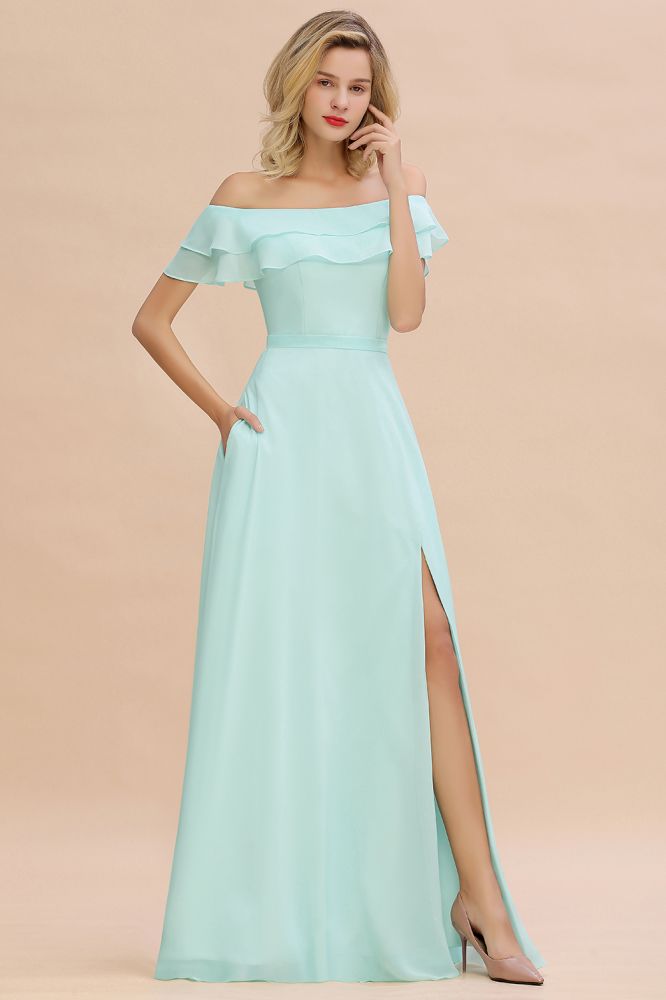Vestido mini verde de dama de honor con hombros descubiertos y abertura frontal, vestido de novia de playa estilo Aline