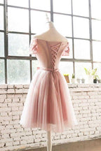 Schulterfreies, kurzes Ballkleid aus rosa Spitzentüll, Homecoming-Kleid, PD200