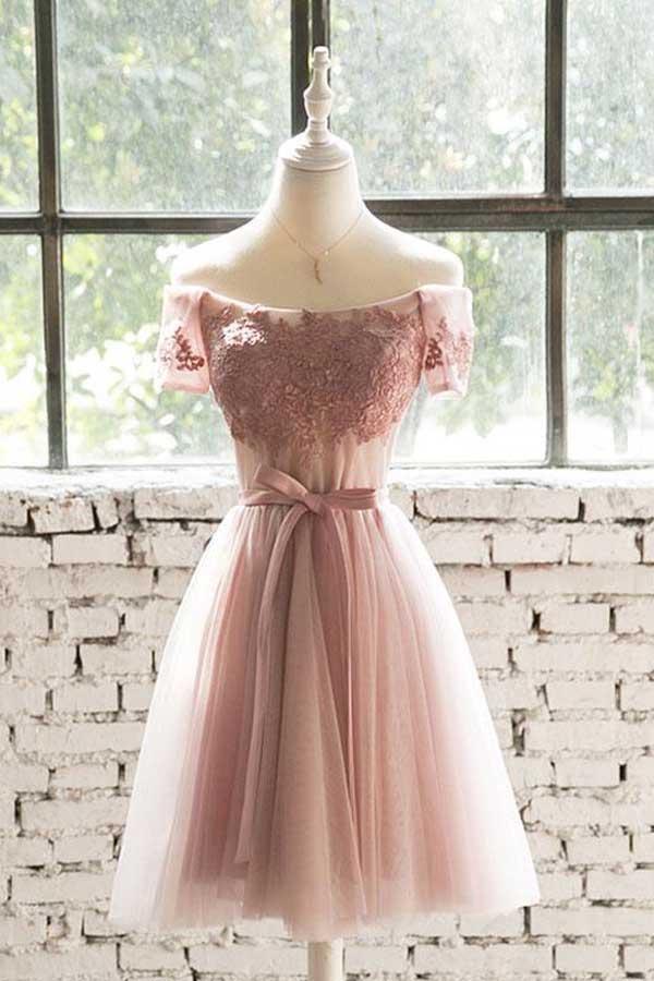Schulterfreies, kurzes Ballkleid aus rosa Spitzentüll, Homecoming-Kleid, PD200