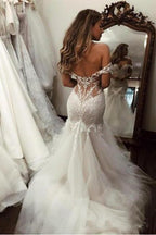 Vestidos de novia elegantes de tul largo con encaje de sirena bonito y hombros descubiertos