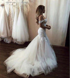 Vestidos de novia elegantes de tul largo con encaje de sirena bonito y hombros descubiertos