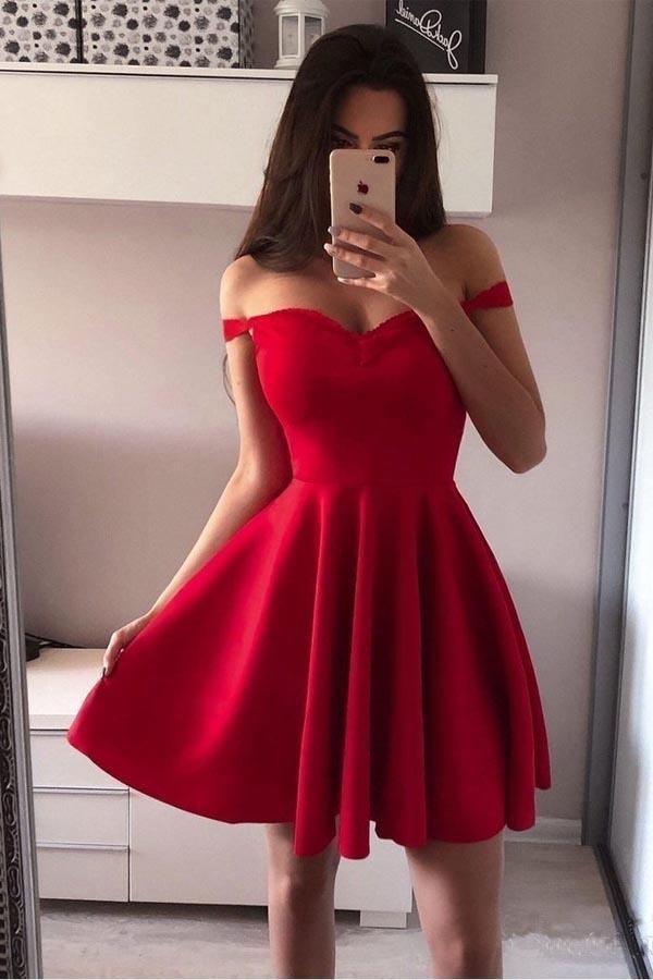 Schulterfreies rotes Homecoming-Kleid mit breiten Trägern, kleines Partykleid PD251