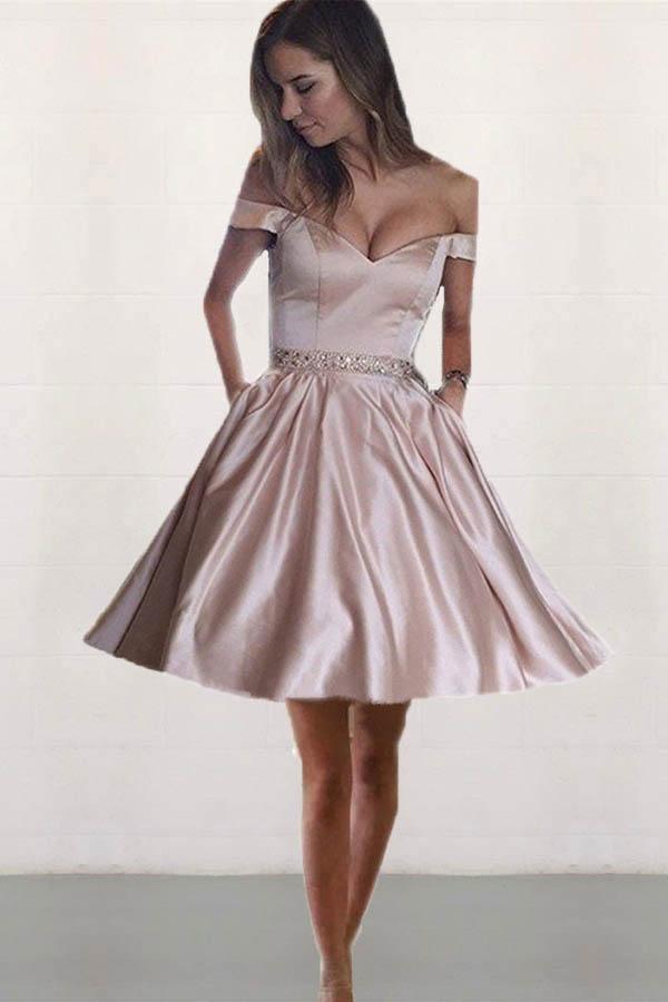 Off the Shoulder Satin Beaded Homecoming Dresses with Pocket PD167