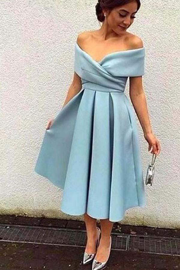 Schulterfreies, kurzes, staubblaues Party-/Homecoming-Kleid PD101