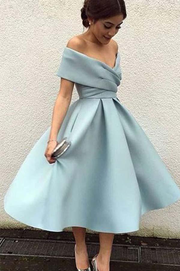 Schulterfreies, kurzes, staubblaues Party-/Homecoming-Kleid PD101