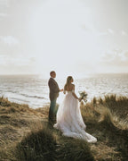 Vestido de novia sencillo con hombros descubiertos, tul y encaje, estilo Aline para playa