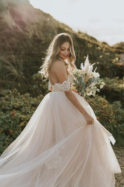 Vestido de novia sencillo con hombros descubiertos, tul y encaje, estilo Aline para playa