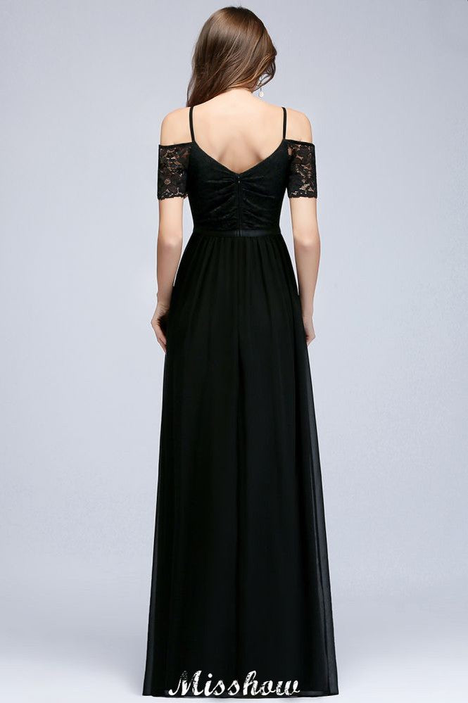 Vestido de dama de honor de gasa con escote en V, sin mangas, hasta el suelo, corte A, con hombros descubiertos y encaje
