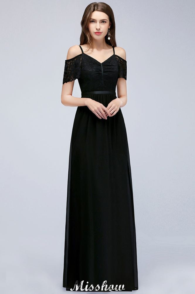 Vestido de dama de honor de gasa con escote en V, sin mangas, hasta el suelo, corte A, con hombros descubiertos y encaje