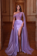 Vestidos de fiesta sexys con abertura lateral, cuentas brillantes y hombros descubiertos