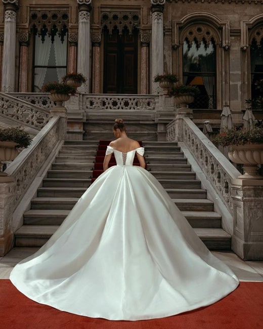 Off-the-Shoulder Sweetheart Ball Gown Satin Sleeveless Garden Bridal Dress