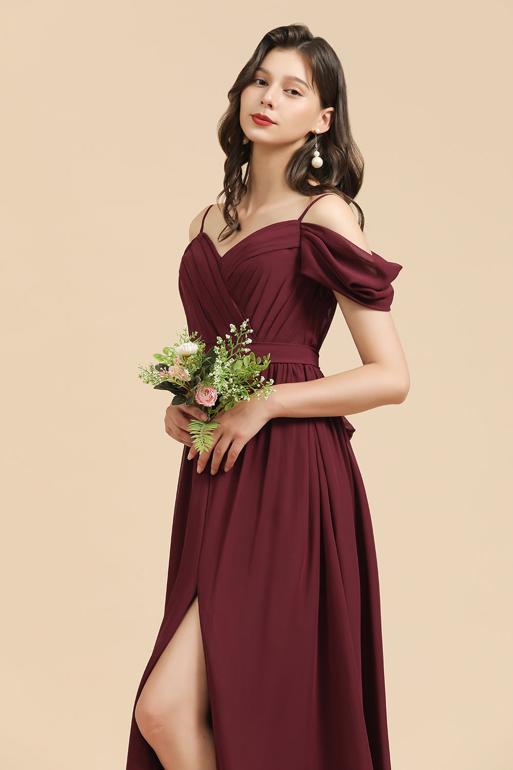 Off-the-Shoulder Sweetheart Burgundy Long Bridesmaid Dress With Slit