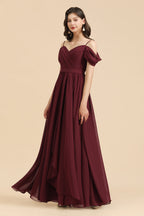 Off-the-Shoulder Sweetheart Burgundy Long Bridesmaid Dress With Slit
